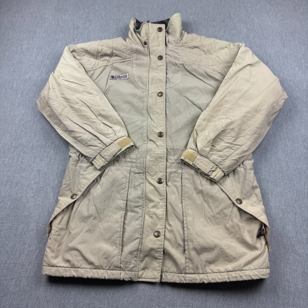 Vintage Columbia Parka Jacket Women XL Beige Fleece Lined Full Zip Mockneck Coat